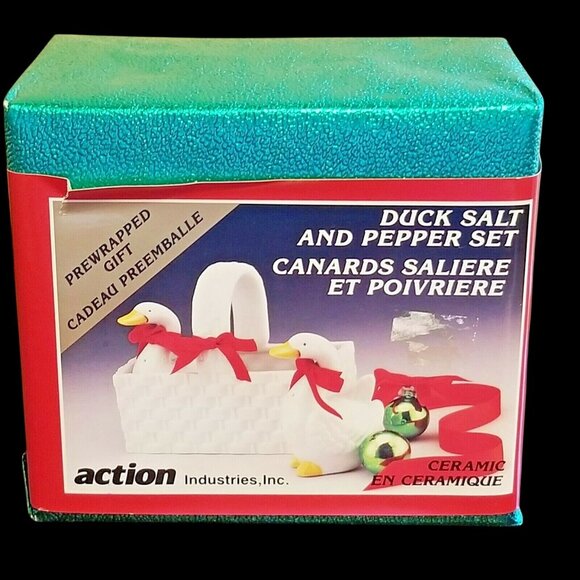 Duck Salt Pepper Ceramic White Woven Basket Vintage Korea New 1987 Action Indus - Picture 1 of 3